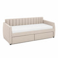 Lit gigogne en bois et tissu beige avec tiroirs