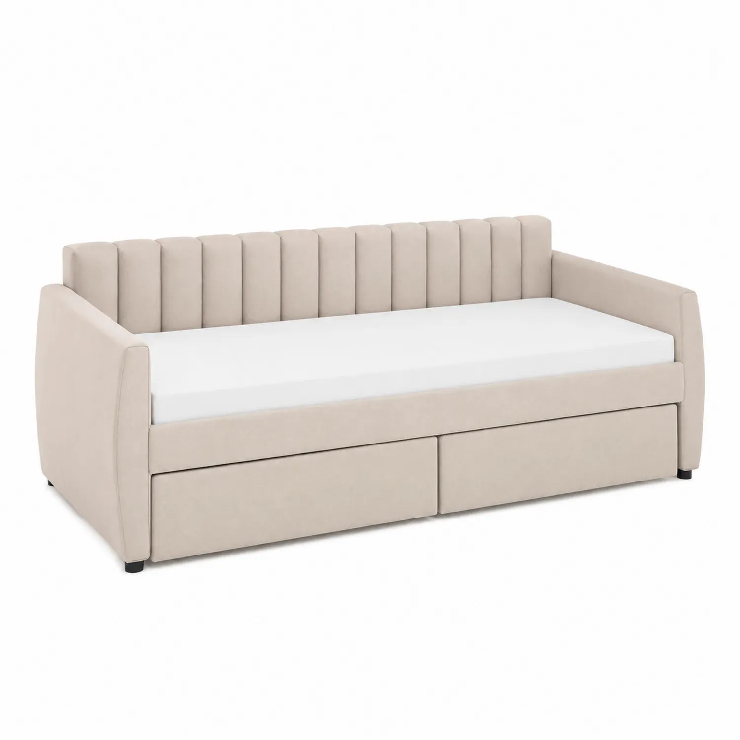 Lit gigogne en bois et tissu beige avec tiroirs