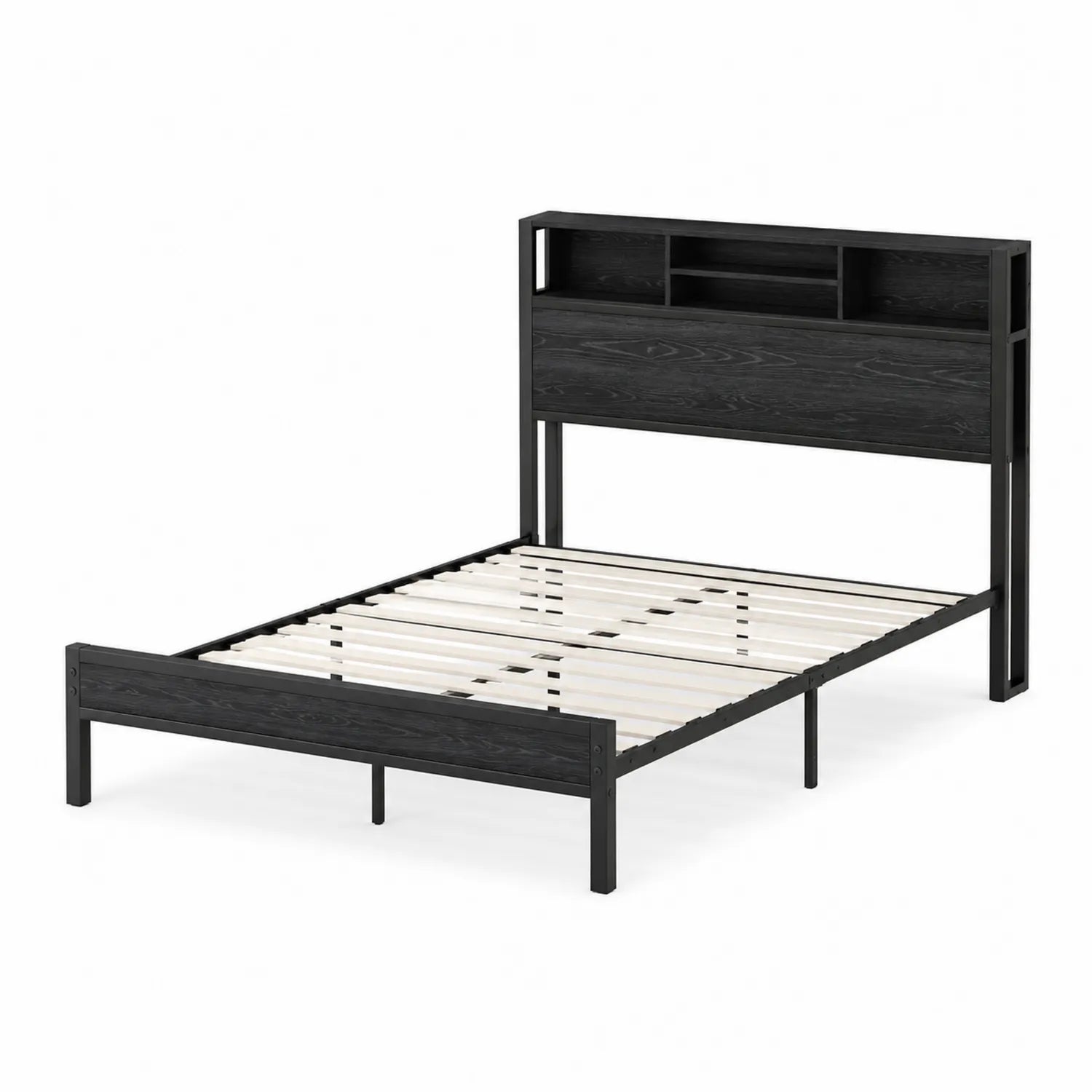 Lit double noir en bois avec étagère intégrée