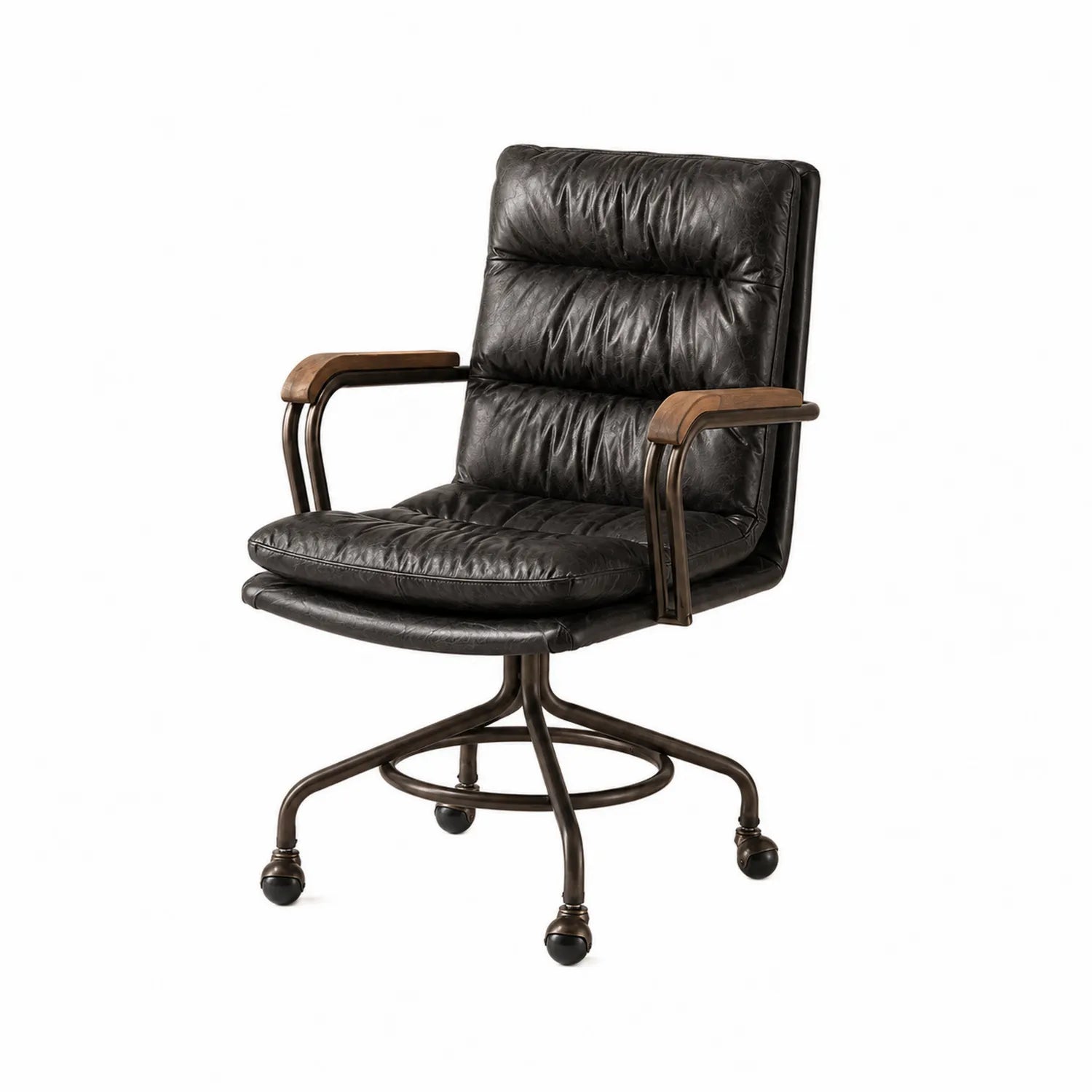 Chaise de bureau pivotante en cuir avec accoudoirs en chêne
