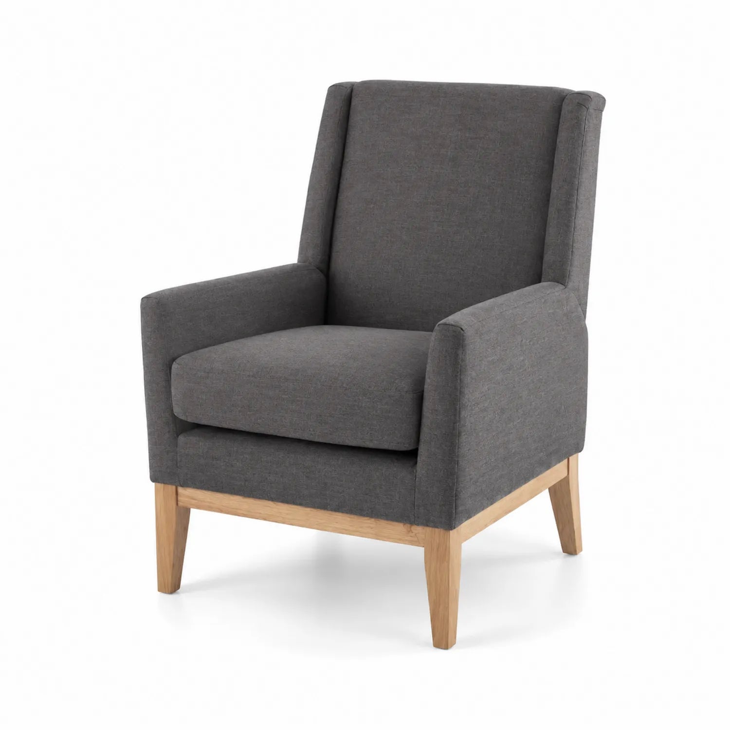 Fauteuil en tissu gris avec structure en chêne