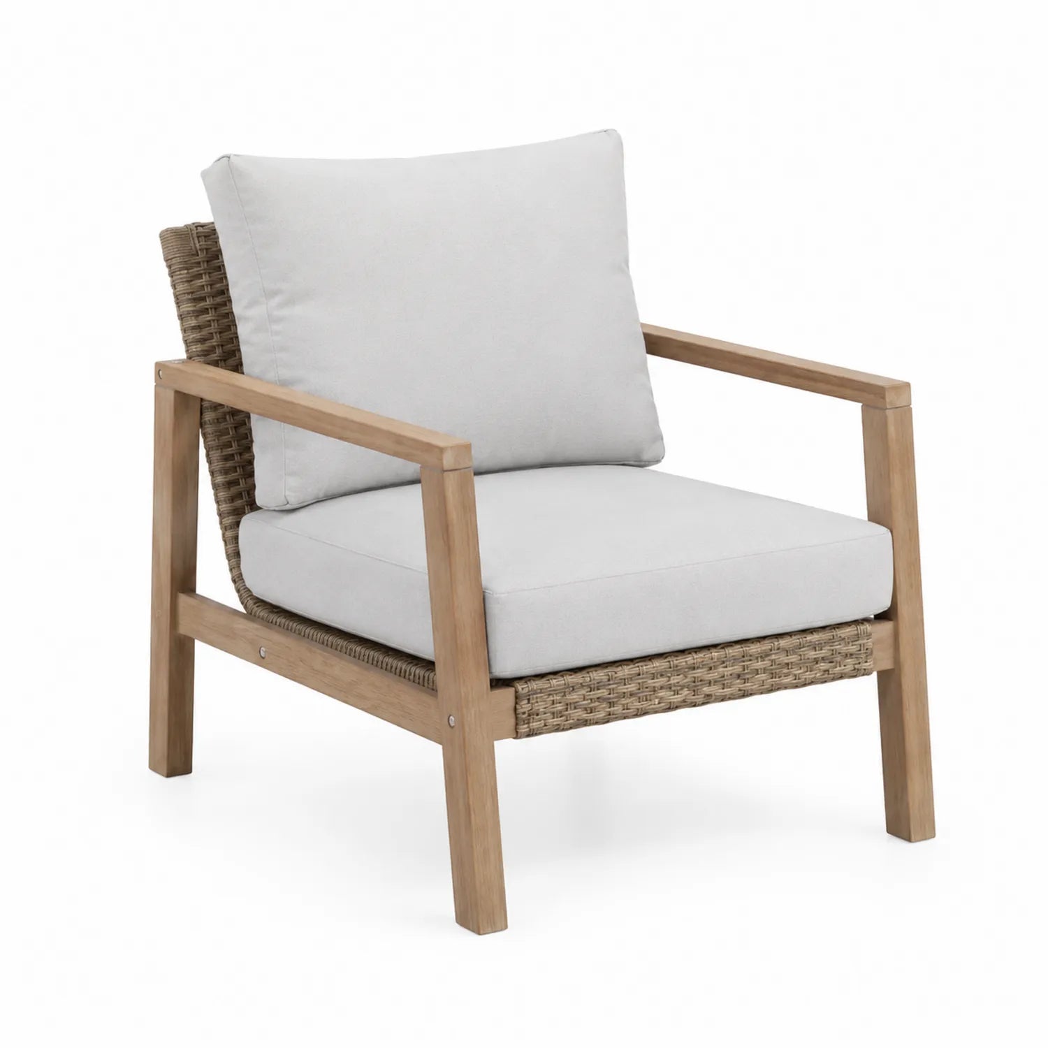 Fauteuil d'extérieur en bois et résine tressée, coussins en tissu gris