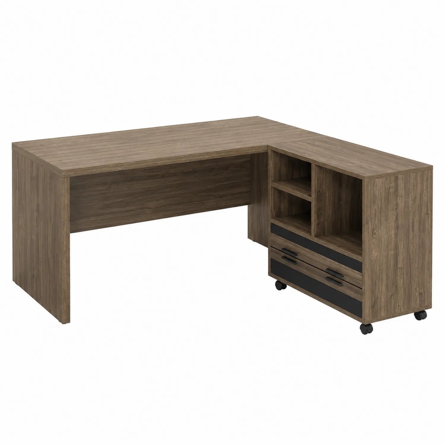 Bureau d'angle en bois avec étagères et tiroirs sur roulettes 150x120x75 cm Marron