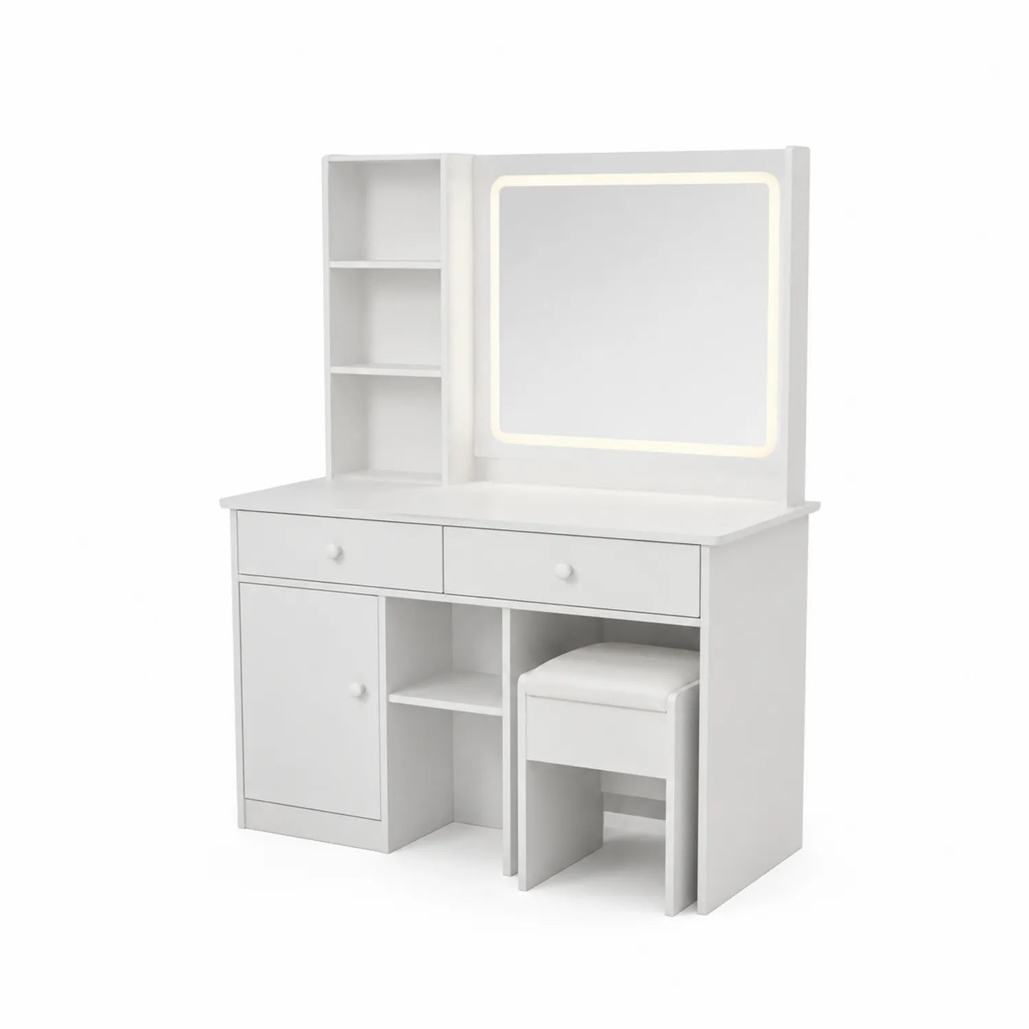 Coiffeuse en Bois avec Miroir LED et Tabouret Blanc