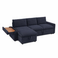 Canapé d'angle convertible en tissu côtelé Bleu Marine avec plateau en bois