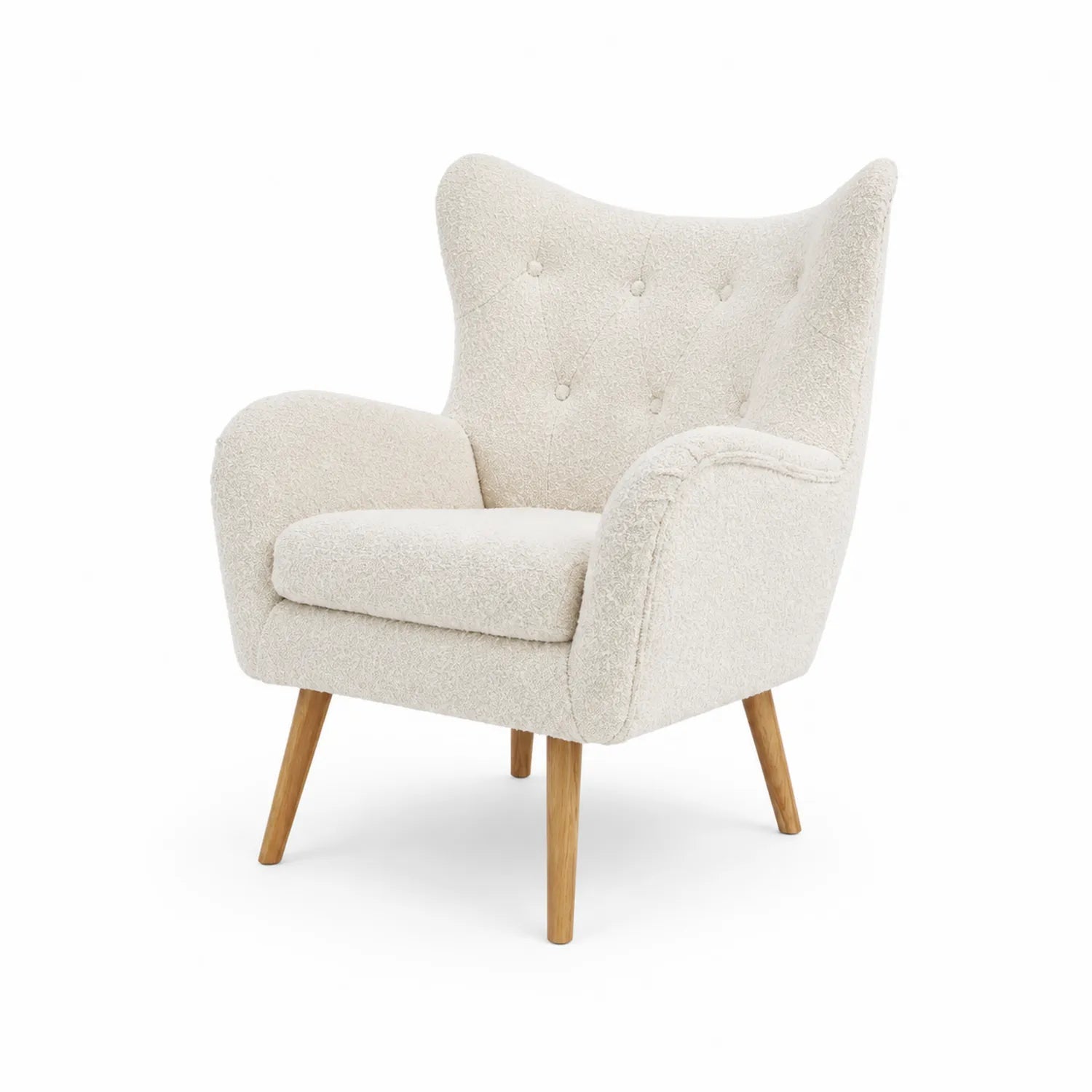 Fauteuil en Bouclé Crème avec Pieds en Bois de Chêne