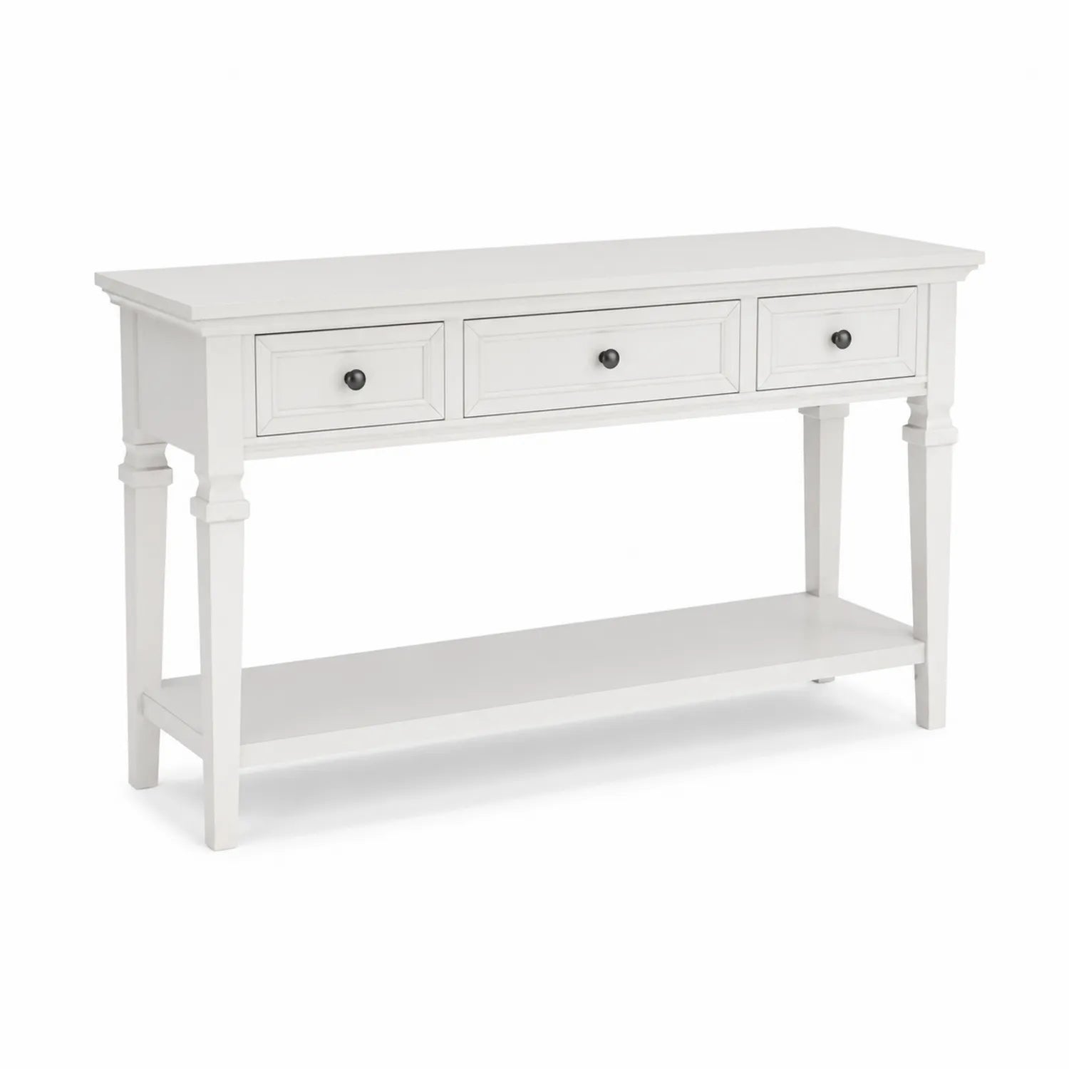 Console en bois blanc avec tiroirs et étagère inférieure