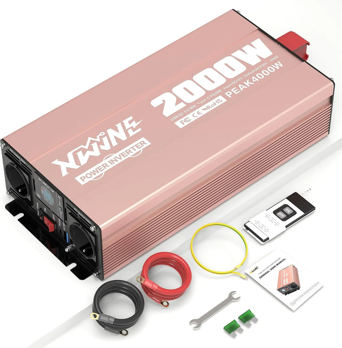 Convertisseur CC-CA et convertisseur de tension, 2000W, avec USB-C, 12V, 220V, pour camping et camping-car