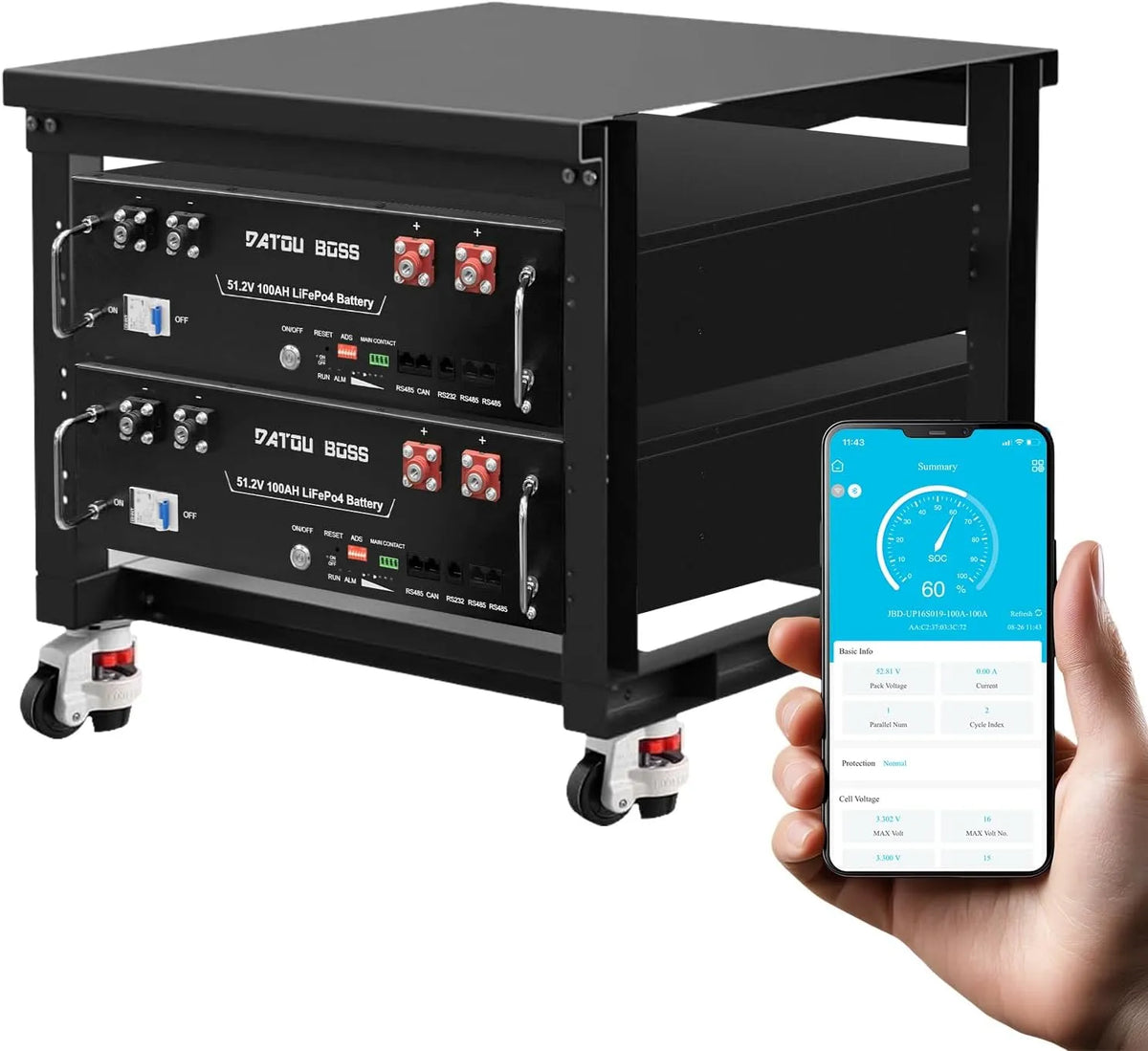 LiFePO4 Batterie lithium LiFePO4 et batterie solaire ¨¤ d¨¦charge profonde, 100Ah, 10.24kWh, 48V, alimentation solaire, avec BMS, avec Bluetooth