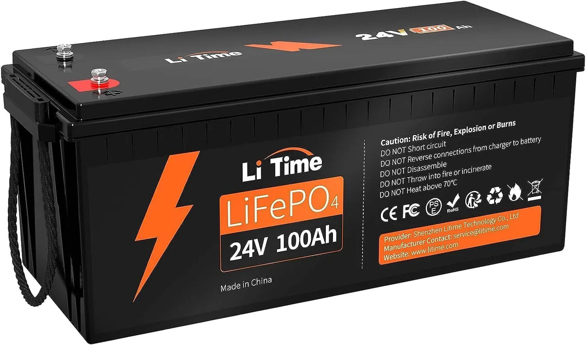 LiTime LiFePO4 Batterie lithium LiFePO4 et batterie solaire ¨¤ d¨¦charge profonde, 100Ah, alimentation solaire, avec BMS, 2560W, 24V