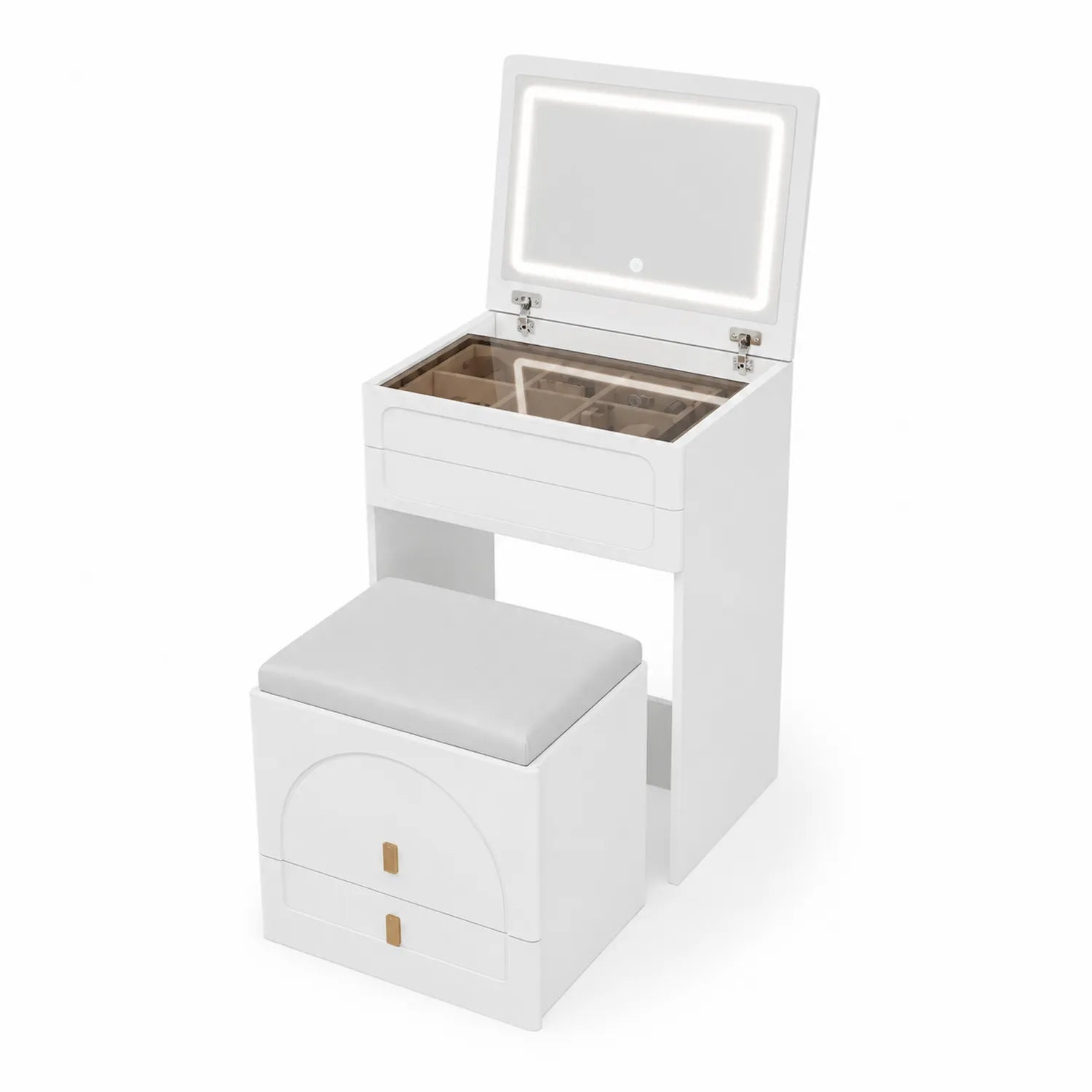 Coiffeuse en Bois avec Miroir LED et Tabouret Blanc