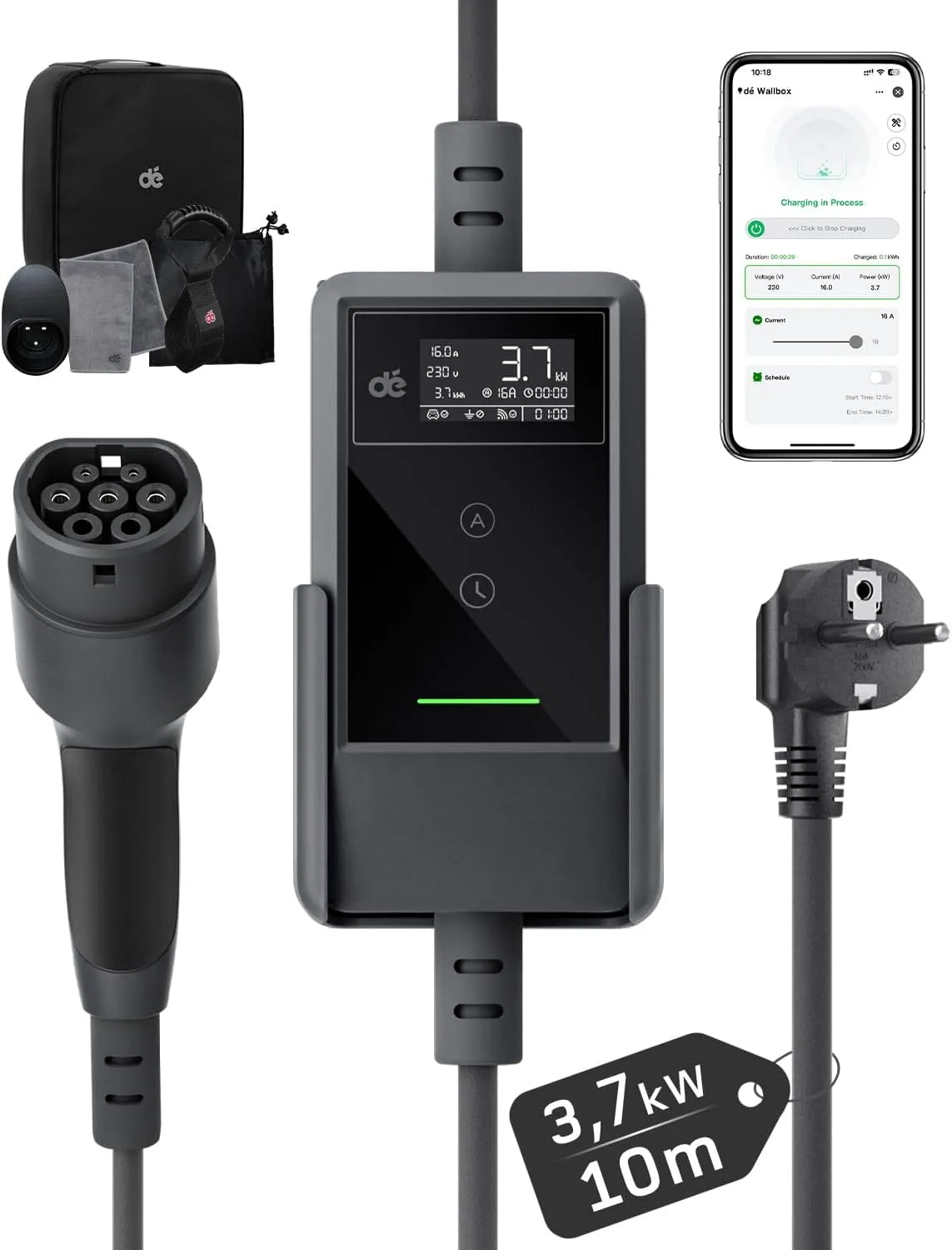 Borne de recharge pour voiture ¨¦lectrique et chargeur EV mobile, 3,7kW, 16A, 10m, Type 2, prise Schuko, pour v¨¦hicule et alimentation mobile