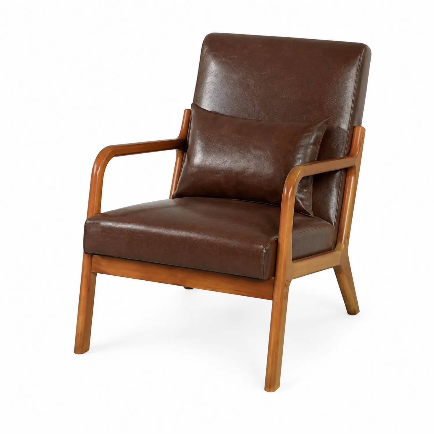 Fauteuil en cuir synthétique marron avec cadre en bois