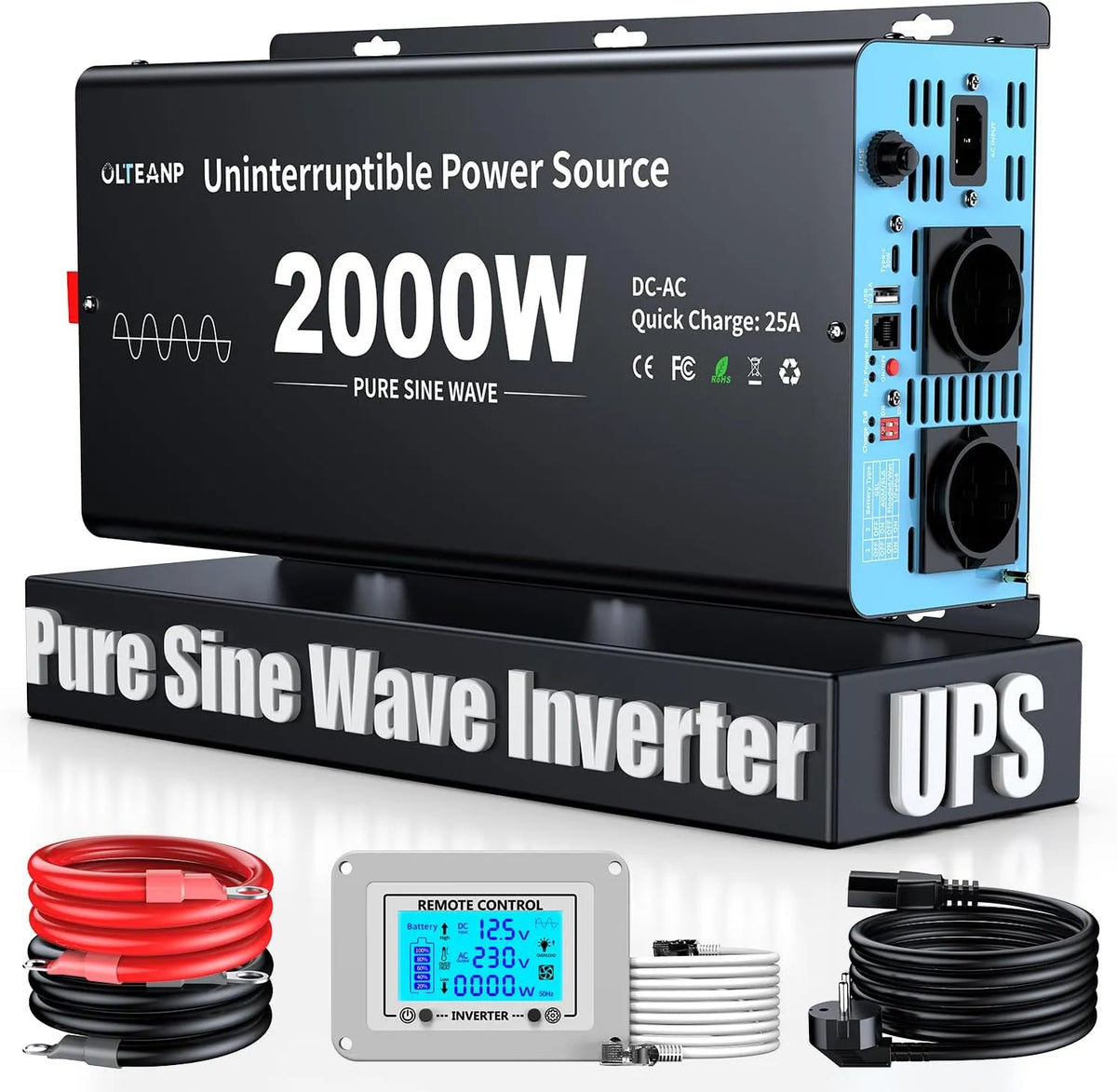 Convertisseur CC-CA et convertisseur de tension, 2000W, 12V, 230V, 25A