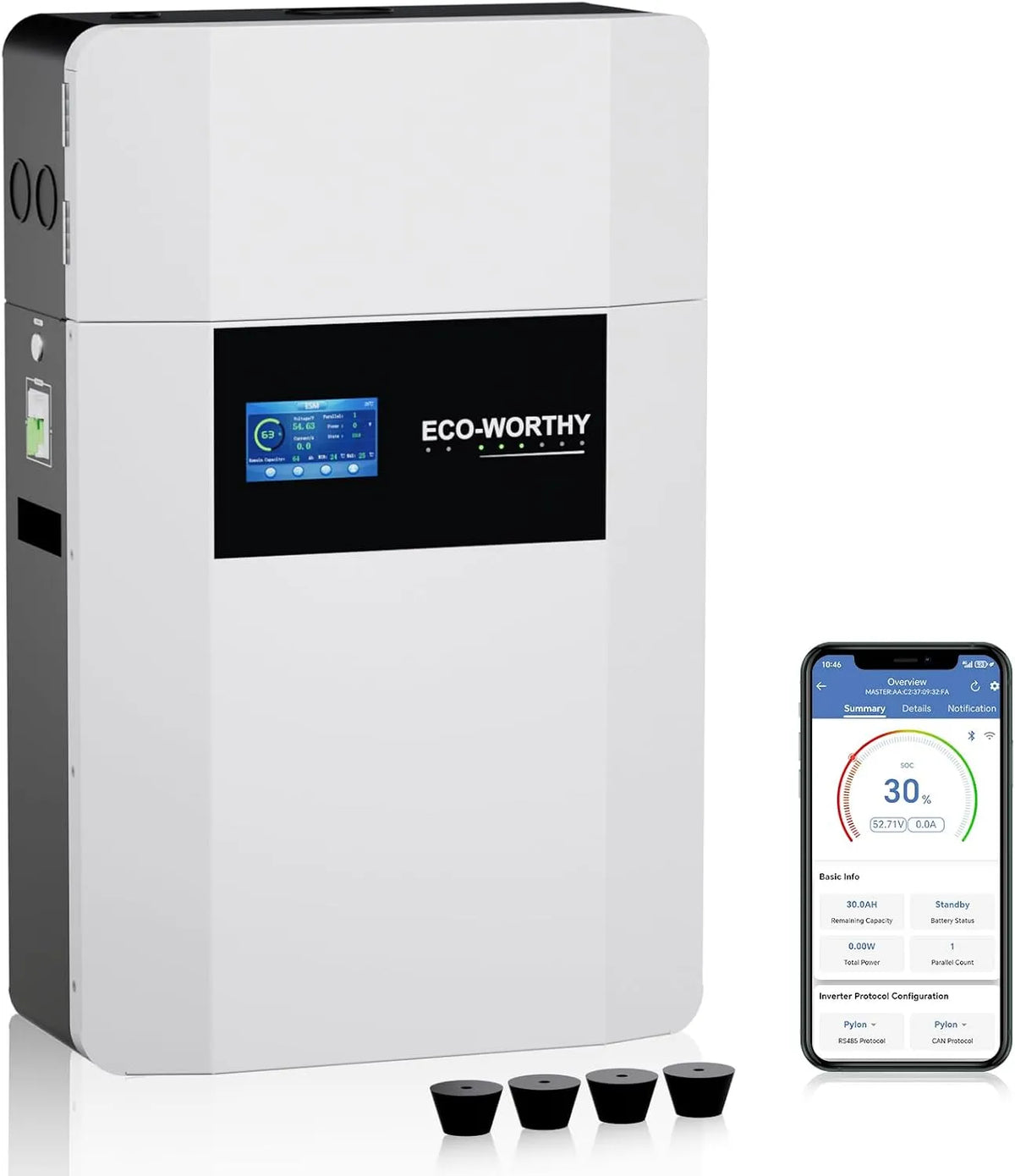 ECO-WORTHY Batterie lithium LiFePO4 et batterie solaire ¨¤ d¨¦charge profonde, 100Ah, avec Bluetooth, avec Wi-Fi, montage mural, 48V