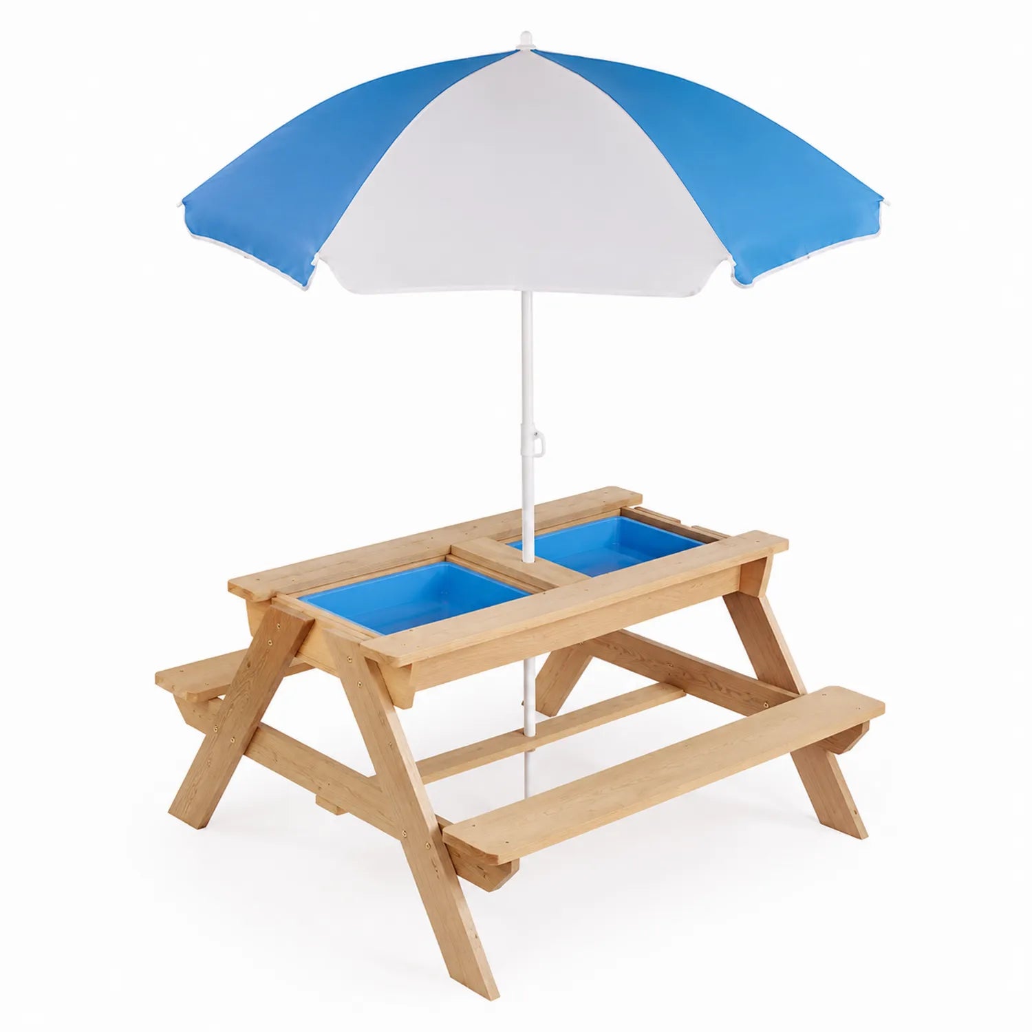 Table de pique-nique en bois avec parasol bleu et blanc et bacs intégrés