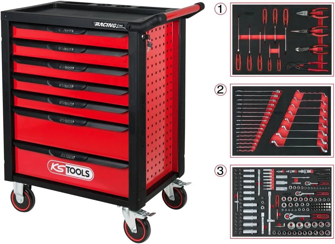 KS TOOLS Carro de Taller RACINGline Negro/Rojo Con 7 cajones ¨C avec tiroirs, pour l'atelier et le bricolage, noir
