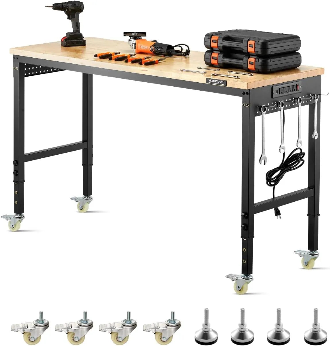 VEVOR ¨¦tabli d'atelier et table de travail: hauteur r¨¦glable, avec panneau perfor¨¦, avec prise ¨¦lectrique, format mobile, 1524 mm, 907,2 kg