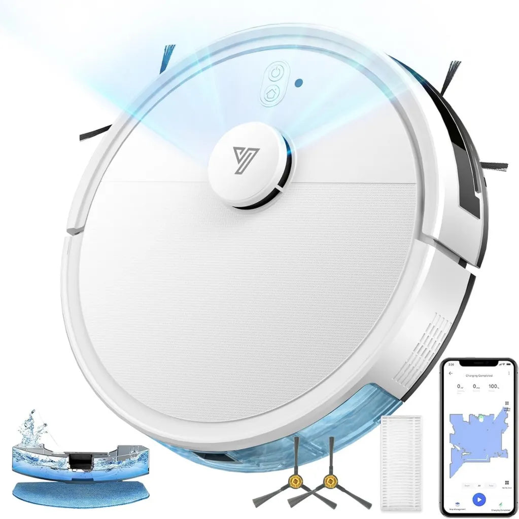 Aspirateur Robot Intelligent 5000Pa, Navigation LDS, WiFi/App, Aspiration et Lavage, Autonomie 120min, Capteurs Anti-Chute, Blanc