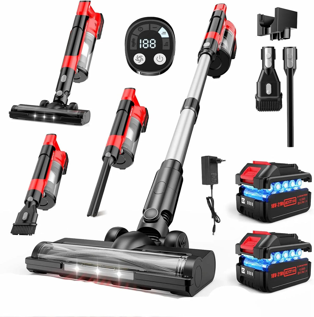 Aspirateur balai, sans fil, ¨¦l¨¦ment amovible, affichage LED, avec ¨¦cran, 4,0Ah, 700W, pour tapis et tissus d'ameublement