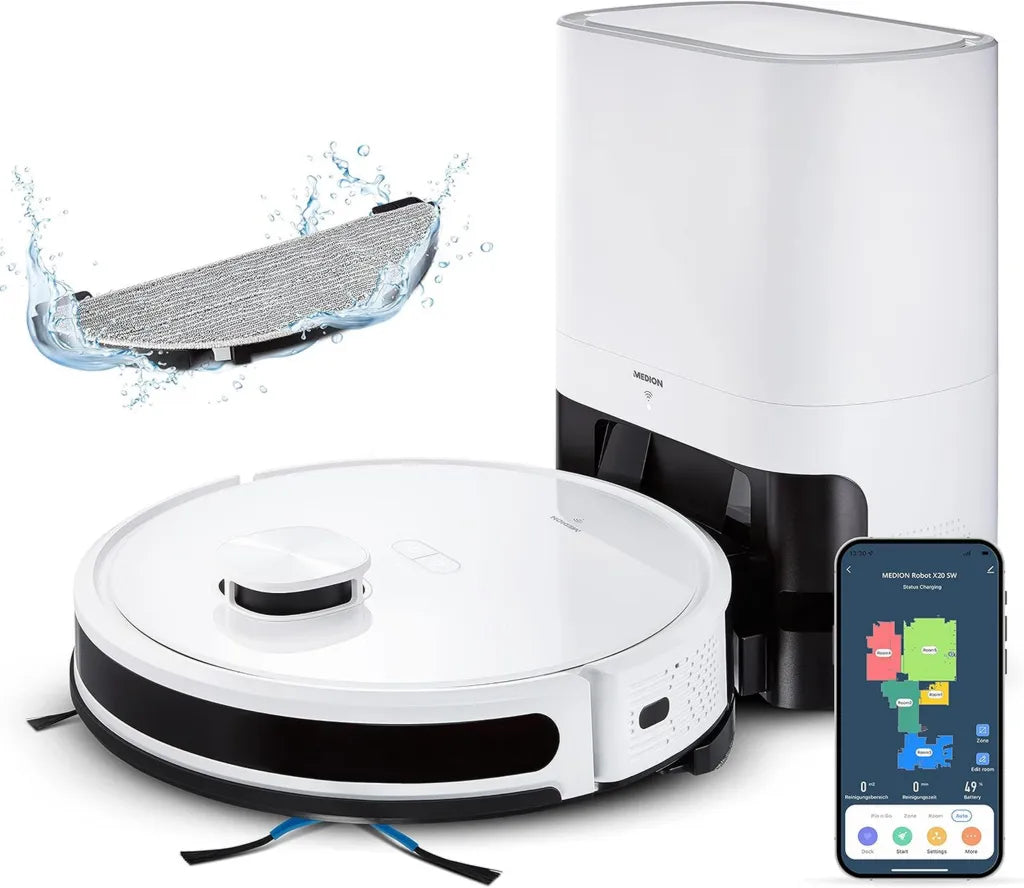 Aspirateur Robot MEDION X20 SW avec Station Auto-Vidange, Navigation Laser, Connectivit¨¦ Smartphone