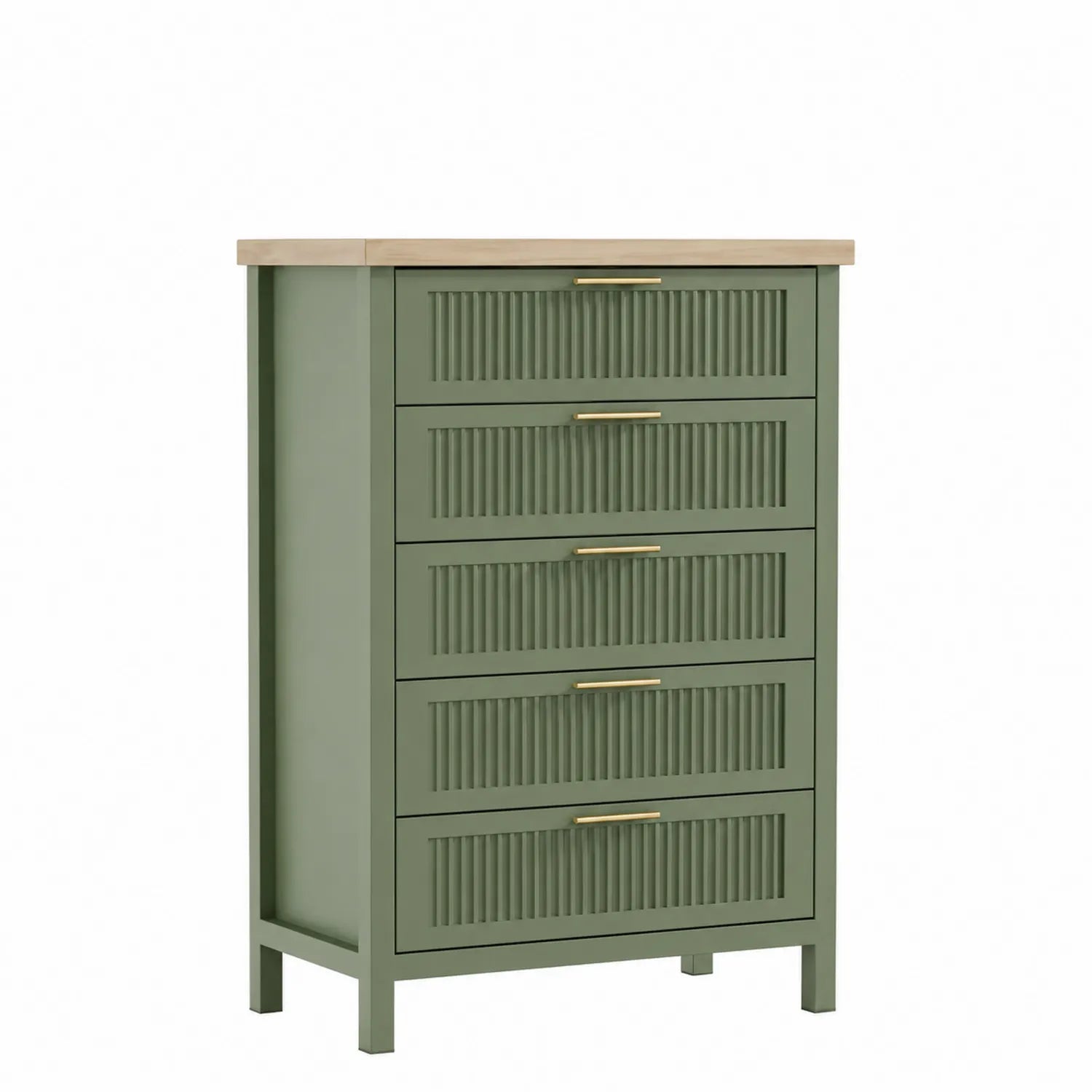 Commode 5 Tiroirs en Bois avec Poignées en Métal Vert