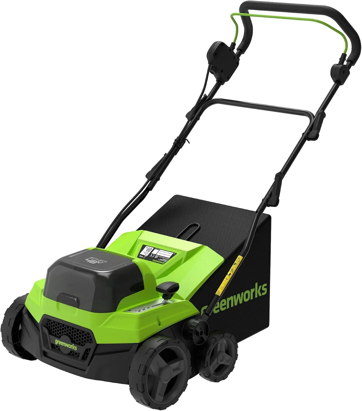 Greenworks GD2X24SC38II Scarificateur ¨C sans fil, moteur sans balais, pliable, 5 Niveau ¡Á, 38cm, 48V, 45L