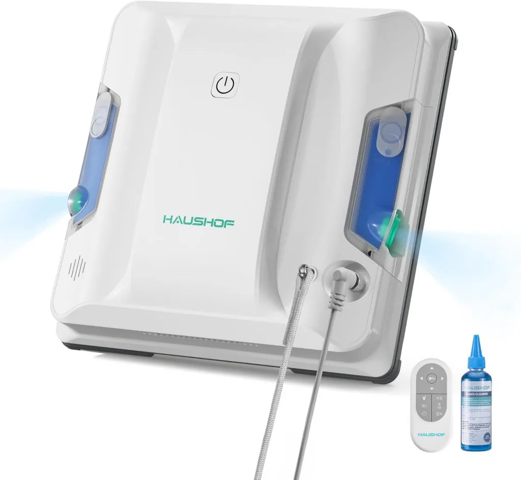 Robot Lave-Vitres HAUSHOF avec R¨¦servoir Double, Pulv¨¦risation Automatique et Aspiration Puissante de 3800 Pa, Syst¨¨me de Navigation Intelligent, D¨¦tection de Bordures, T¨¦l¨¦commande Incluse, Id¨¦al pour Fen¨ºtres et Baies Vitr¨¦es