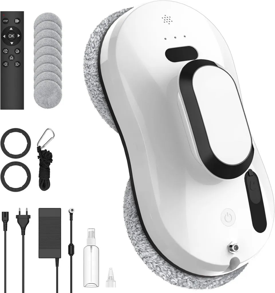 Robot Lave-vitres Intelligent 5600Pa, Pulv¨¦risation Automatique, T¨¦l¨¦commande Incluse, 8 Chiffons, Compatible Surfaces Lisses