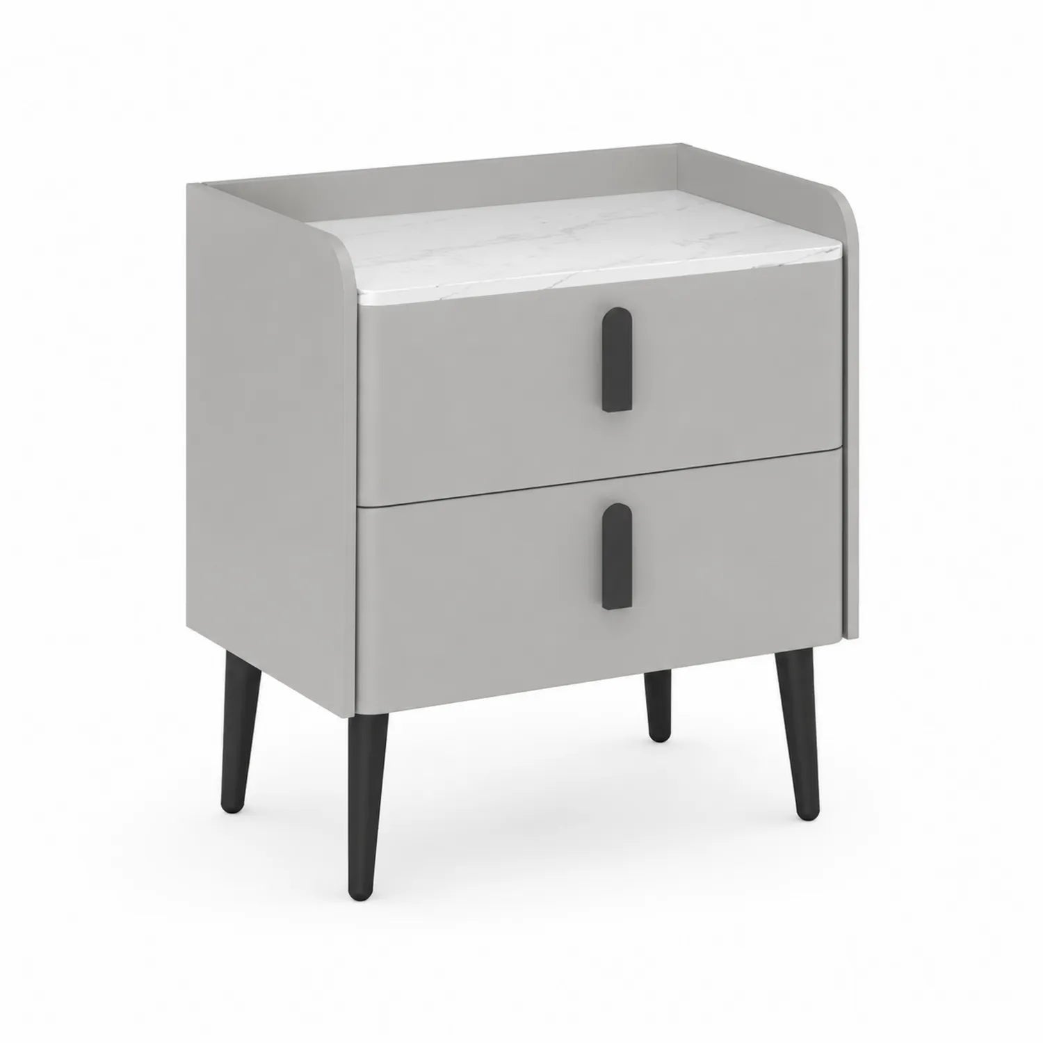Table de chevet en bois avec tiroirs gris et plateau en marbre