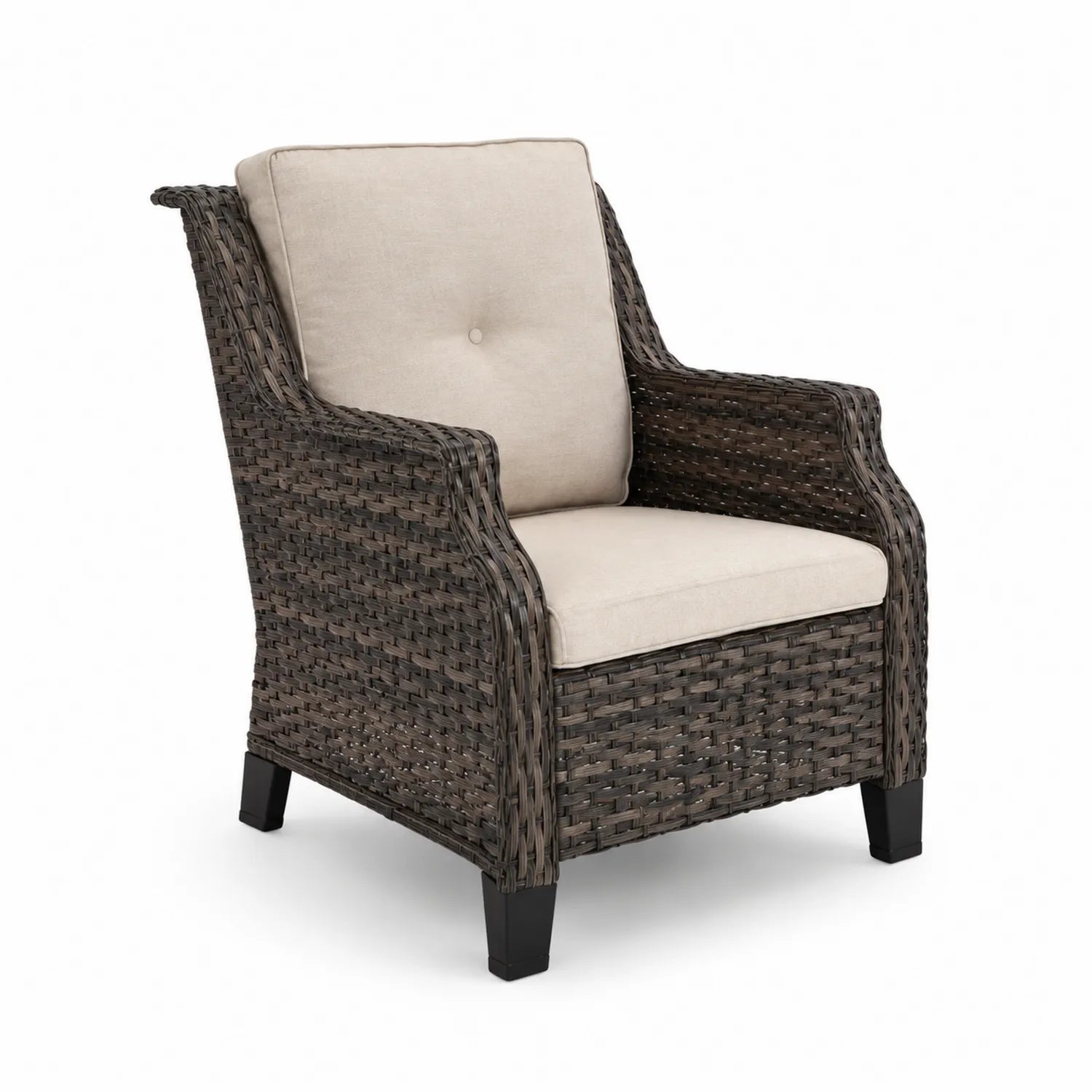 Fauteuil d'extérieur en résine tressée brun avec coussins en polyester beige
