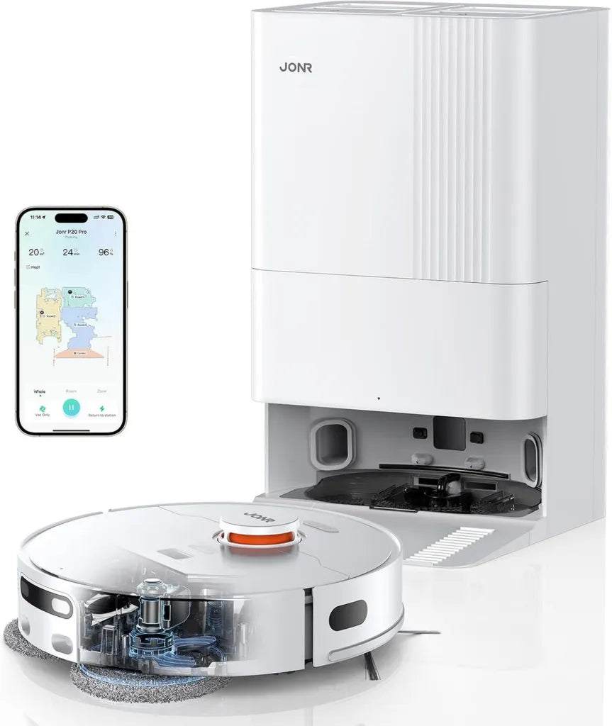 Aspirateur Robot JONR T5 Pro - Nettoyage Silencieux 8150 Pa, Brosse Anti-Enchev¨ºtrement, Fonction Lavage et S¨¦chage, Id¨¦al pour Poils d'Animaux, Blanc
