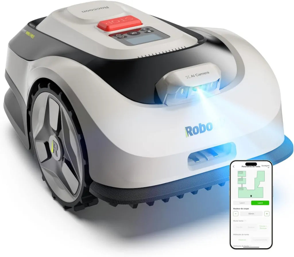 Tondeuse Robot Raccoon 2 SE - Couverture 600m2, Vision Avanc¨¦e, Installation Facile, Mode de Tonte en U, Batterie 5Ah Recharge Rapide, Autonomie 150 min, Hauteur R¨¦glable ¨¦lectriquement