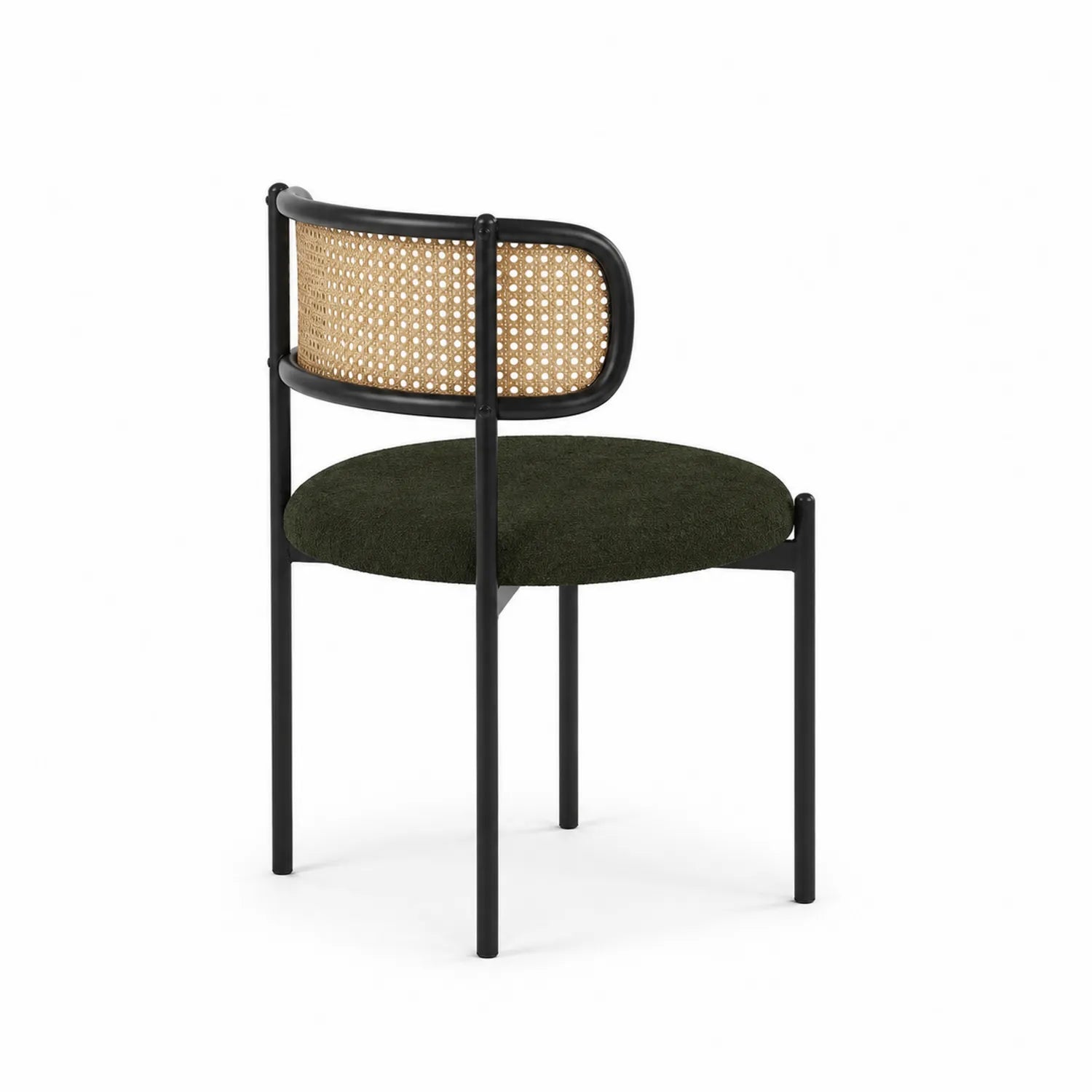 Chaise en métal avec dossier en rotin et assise en tissu vert