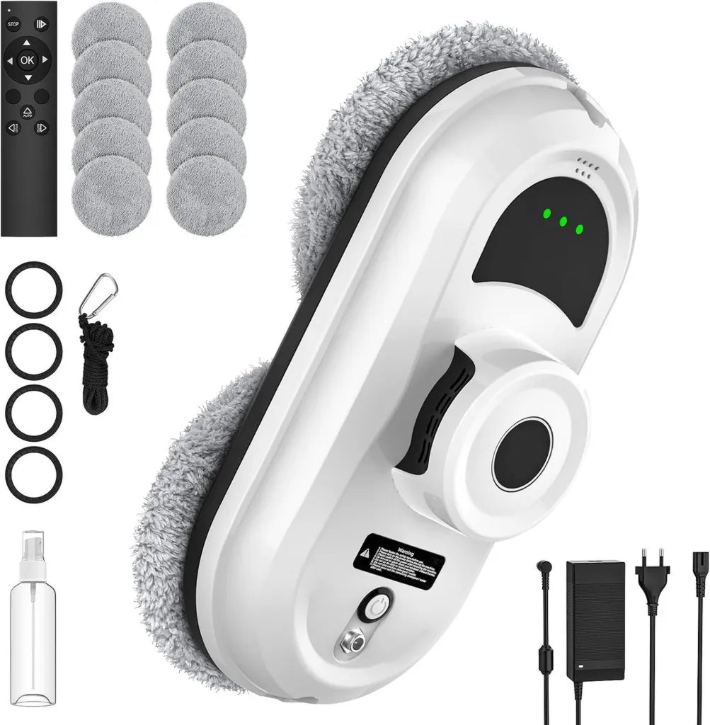 Robot Nettoyeur de Vitres Automatique WIWOLER, 5600Pa avec Vaporisation et Commande Intelligente, 3 Modes de Nettoyage, T¨¦l¨¦commande et 10 Chiffons