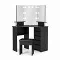 Coiffeuse d'angle en bois noir avec miroir LED et tabouret