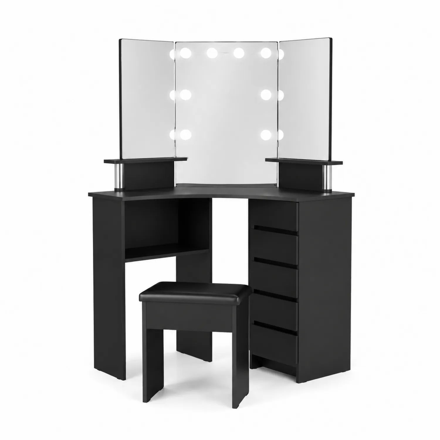 Coiffeuse d'angle en bois noir avec miroir LED et tabouret