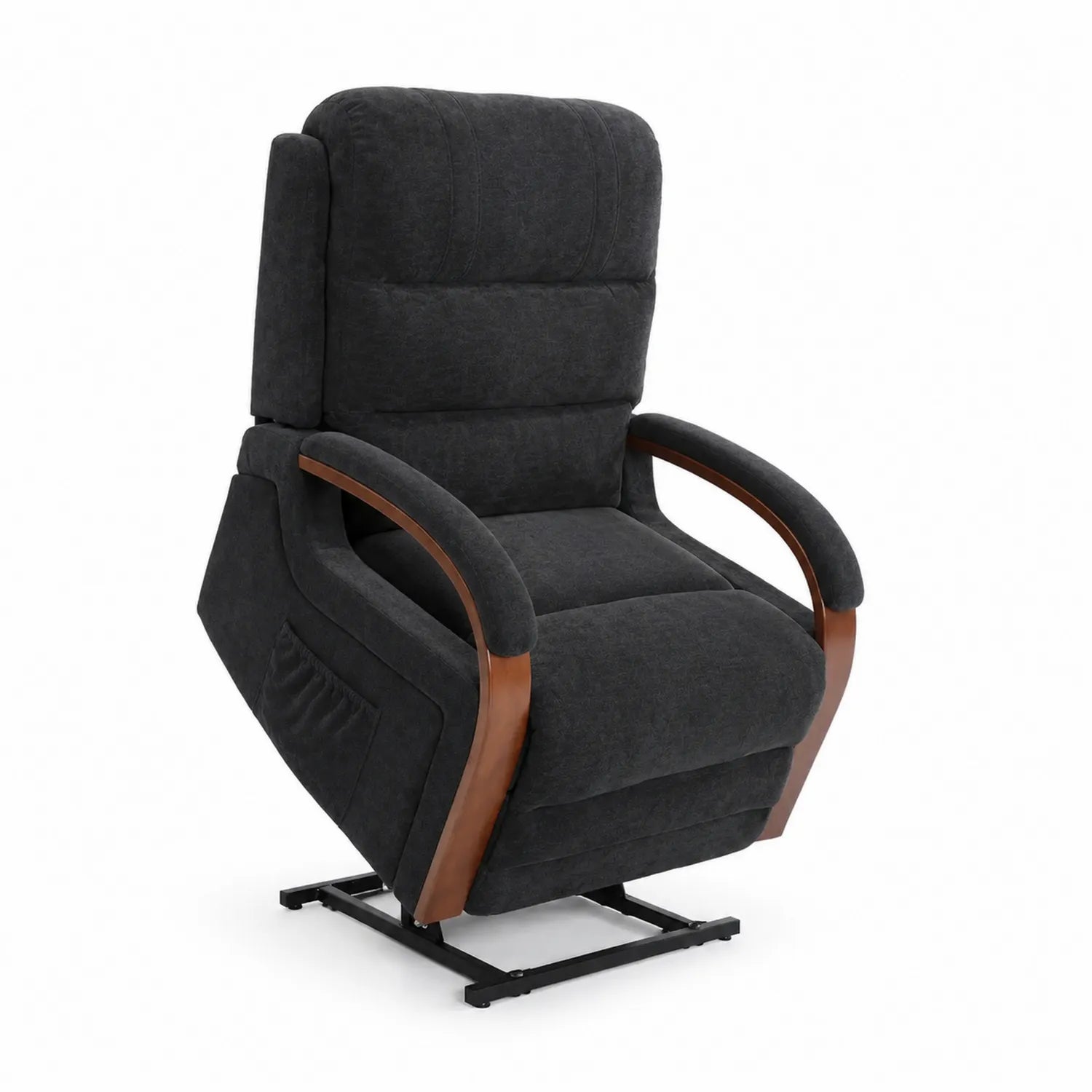 Fauteuil Releveur Électrique en Tissu Noir avec Structure en Acier et Bois