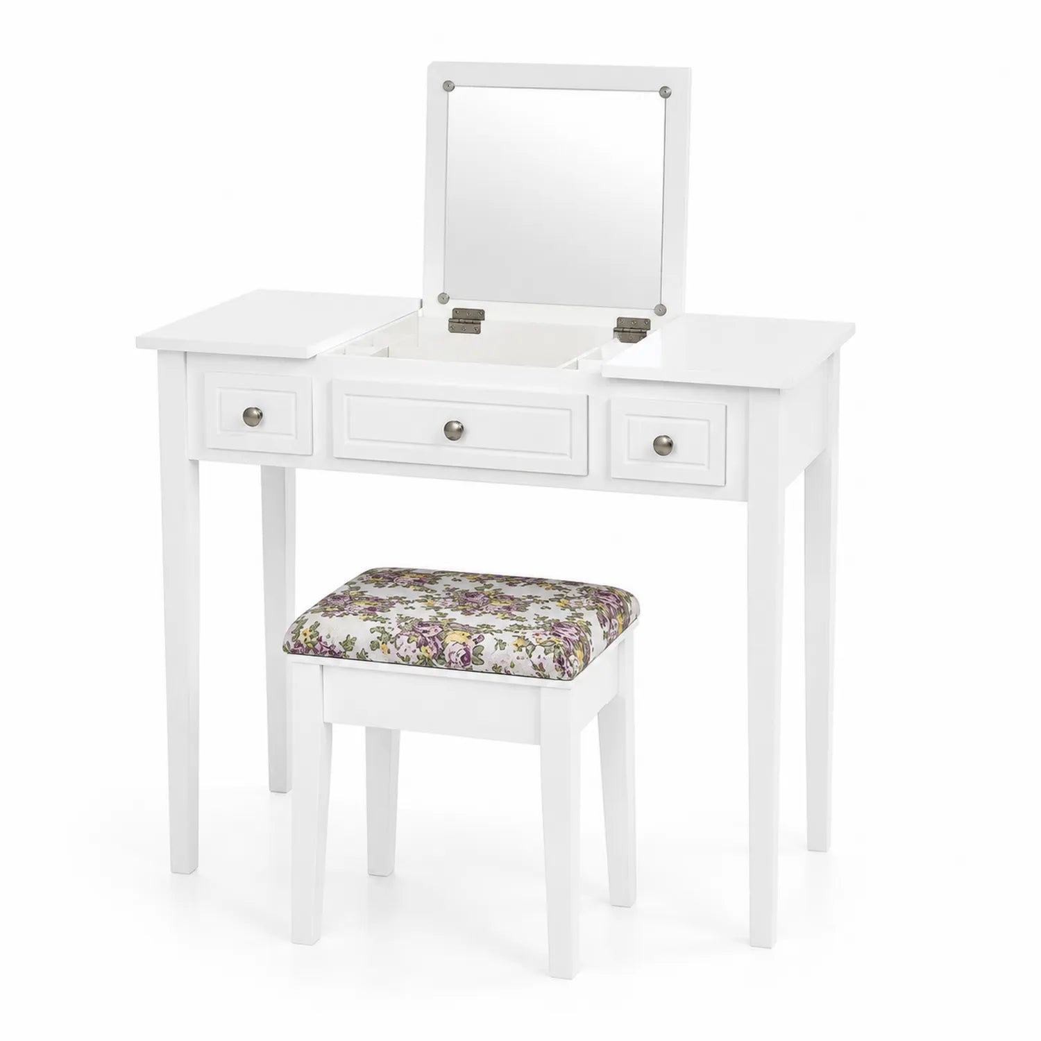 Coiffeuse en Bois avec Miroir et Tabouret Blanc