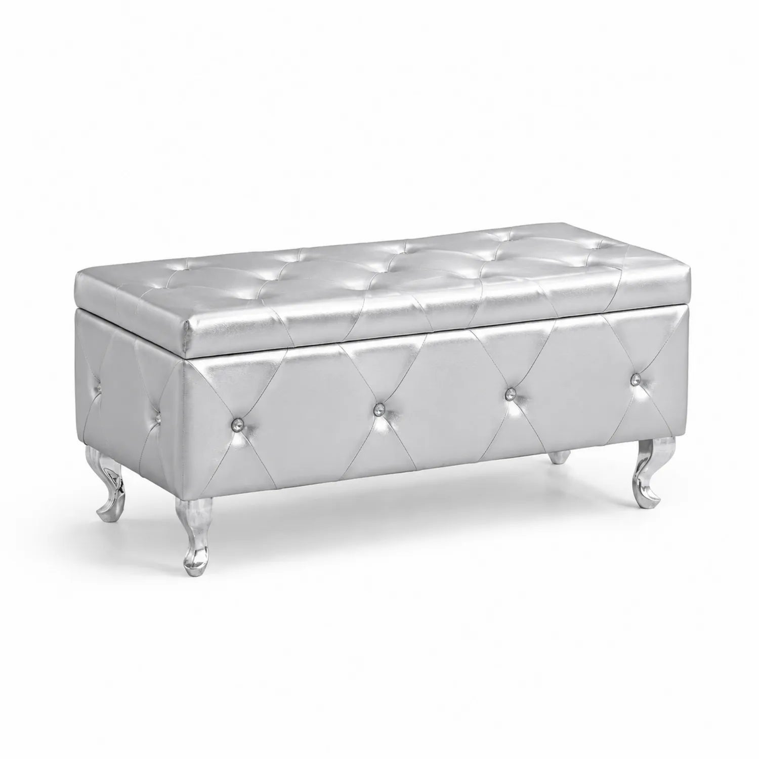 Banc coffre en cuir PU argenté et pieds métalliques