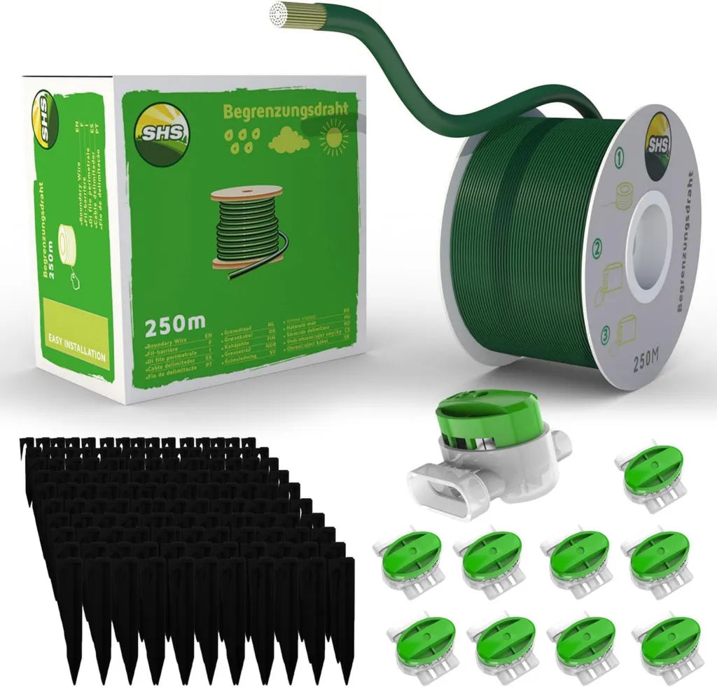 Ensemble de Cables et Accessoires pour Tondeuses Robots, 250 m avec 750 Piquets et Connecteurs