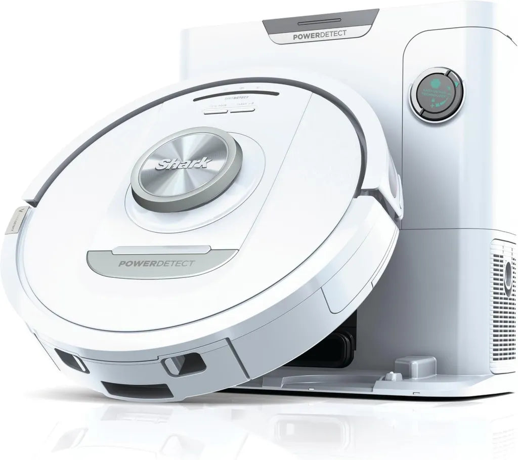 Aspirateur Robot Shark PowerDetect avec Station de Vidange Automatique 60 Jours ¨C Pour Moquettes, Sols Durs et Poils d¡¯Animaux ¨C Navigation LiDAR 3D ¨C Contr?le Wi-Fi via Application ¨C Filtre Anti-Odeurs, 2 Brossettes Incluses ¨C Couleur Blanche