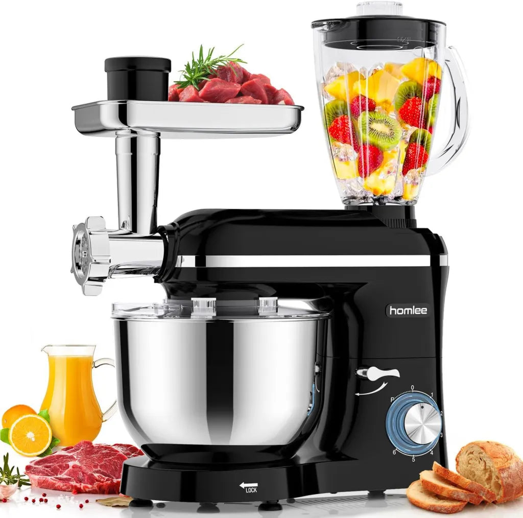 Robot Culinaire Multifonction 3 en 1 Homlee, 2000W, Mixeur 1.5L, Hachoir ¨¤ Viande, Ensemble L¨¦gumes, Accessoires Saucisses, Bol 5.5L avec Fouet, Crochet et Batteur