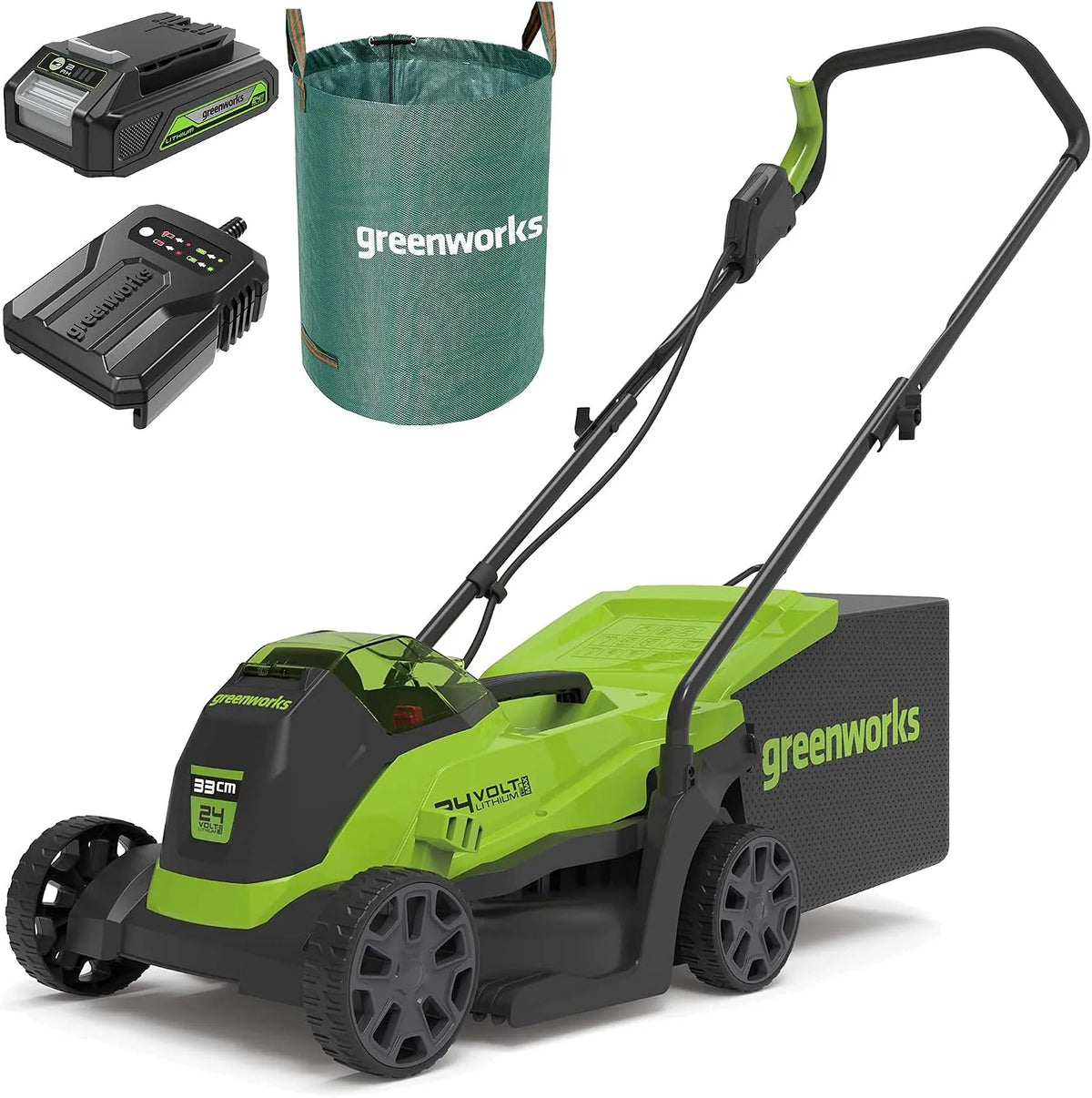 Greenworks GD24LM33K2 Tondeuse ¨¤ gazon, sans fil, 33 cm, 30L, 24V, 2Ah, pour l'entretien du jardin