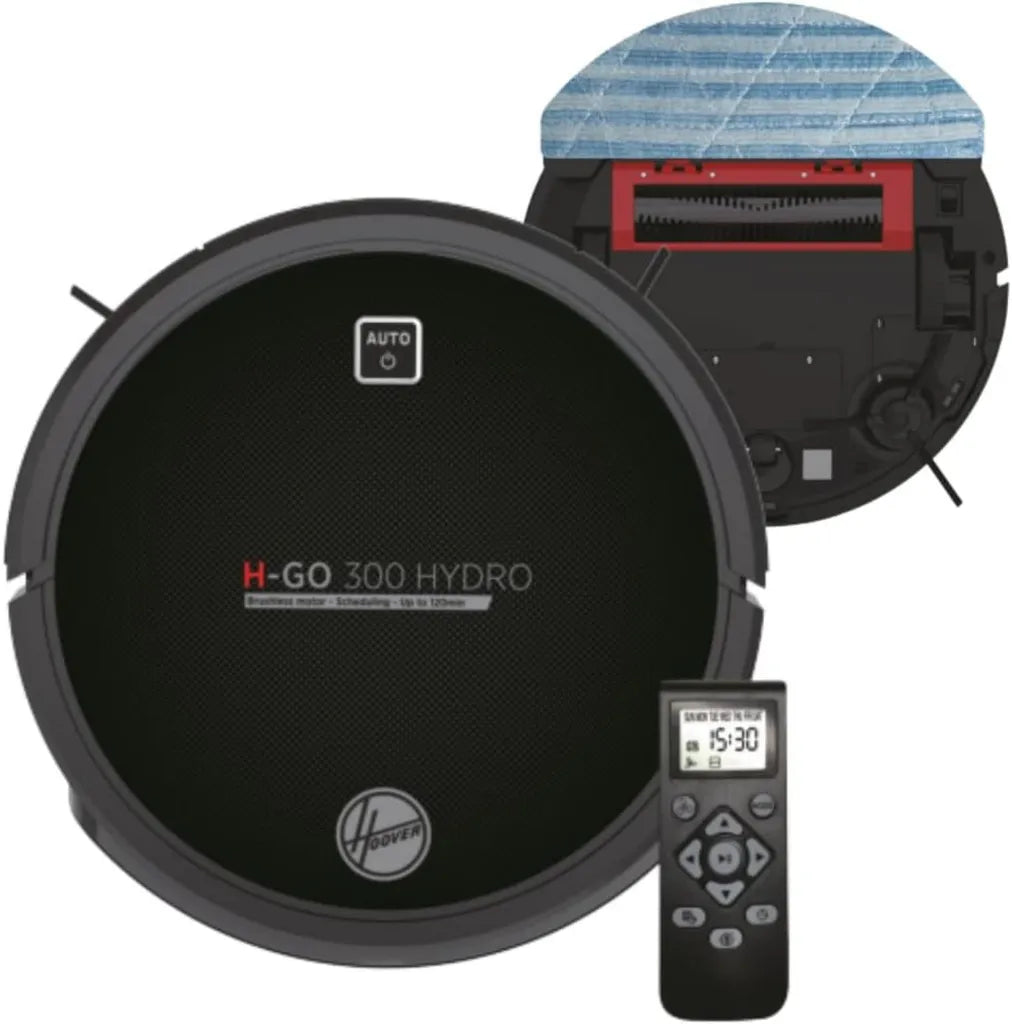 Aspirateur Robot Hoover HGO320H 2-en-1 avec Fonction Lavage et Aspiration Puissante, 65dB Silencieux, Autonomie 2h, R¨¦servoirs Doubles, T¨¦l¨¦commande, 0,35L, Noir