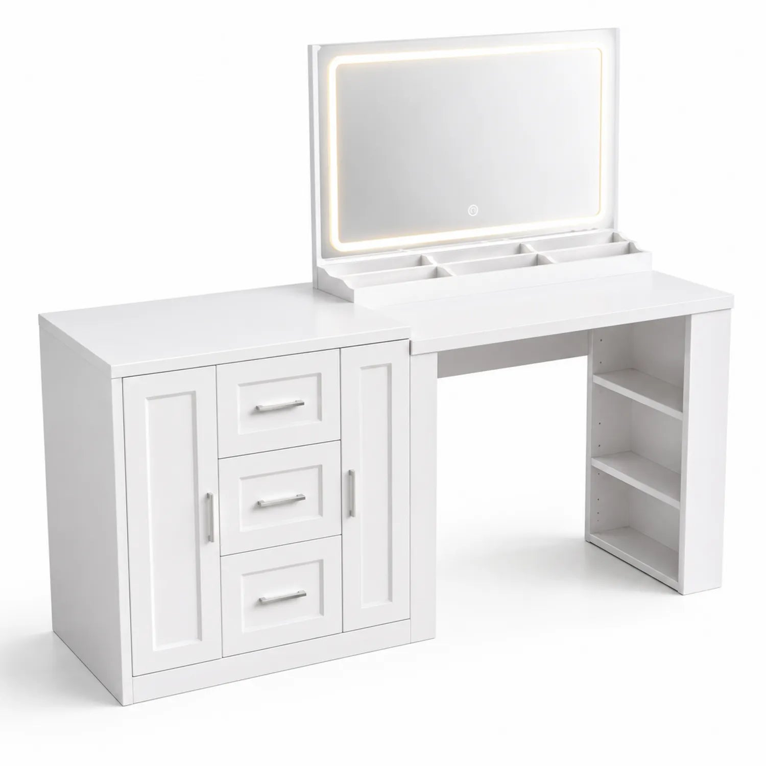 Coiffeuse en bois MDF avec miroir LED et rangements