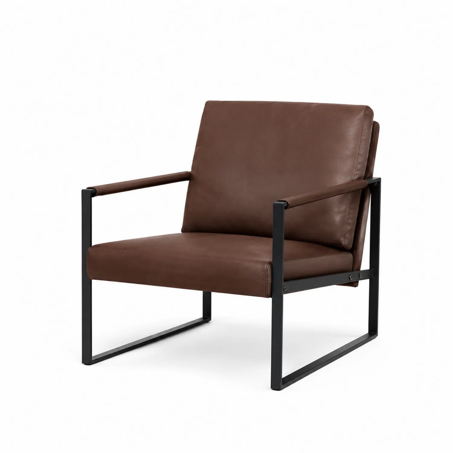 Fauteuil en cuir marron avec structure en acier noir