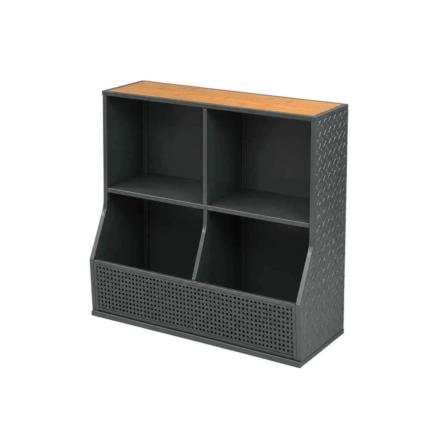 Étagère en métal gris avec plateau en bois