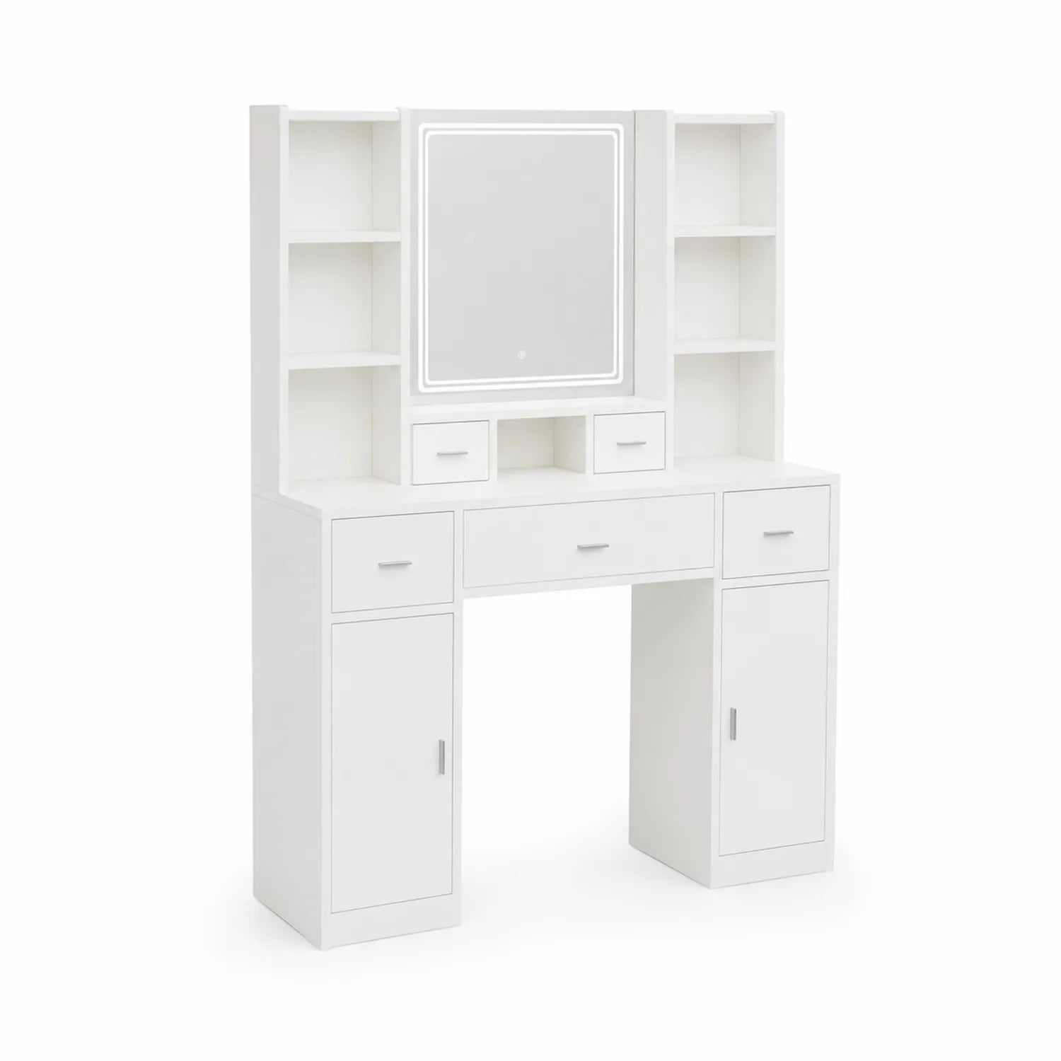 Coiffeuse avec étagères et miroir LED en bois composite blanc