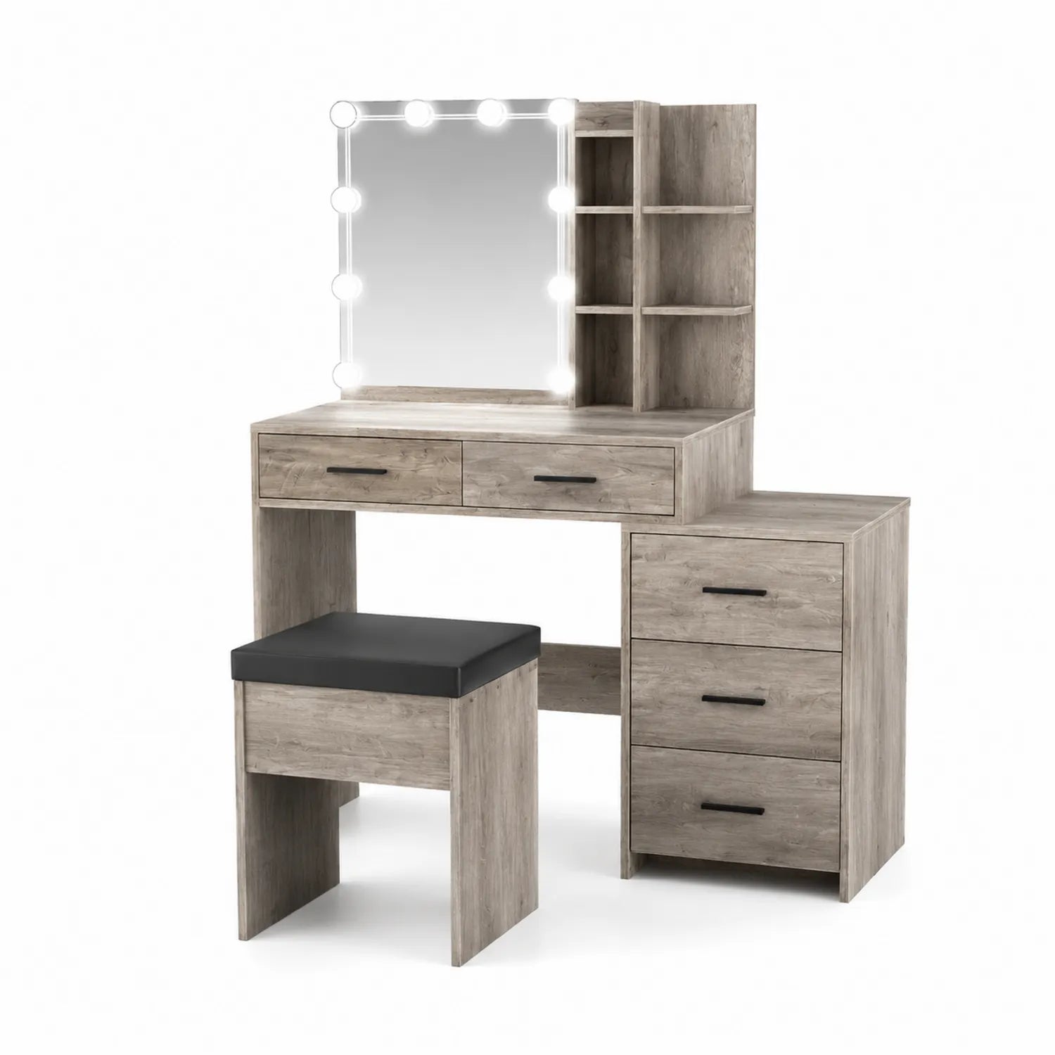 Coiffeuse en bois avec éclairage LED et tabouret en similicuir